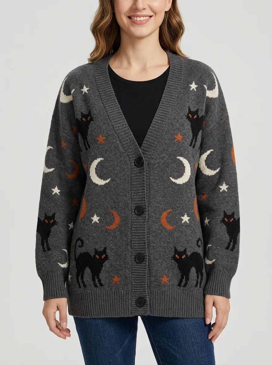 Women's Halloween Black Cat Moon Stars Patterned Knit Cardigan