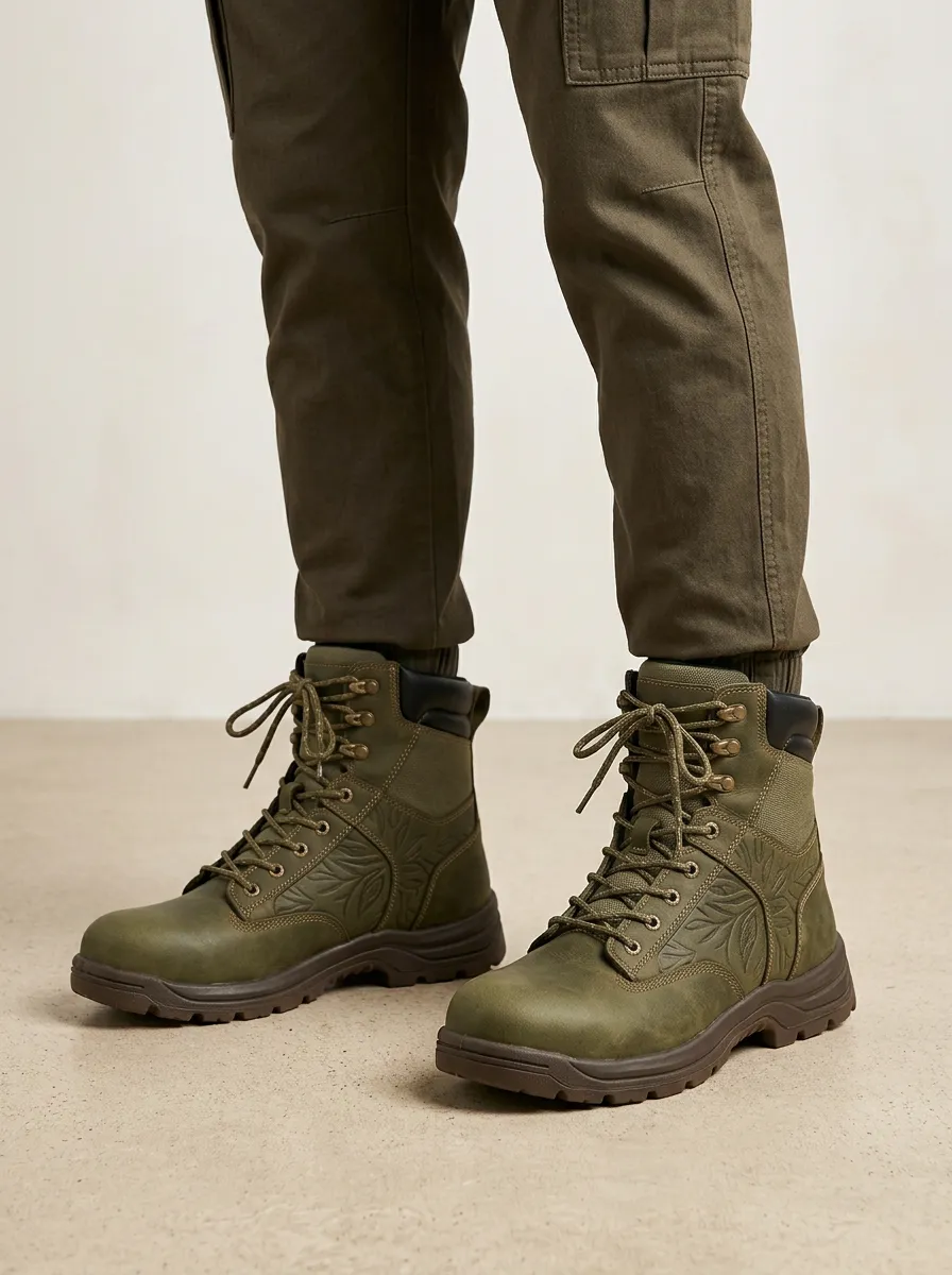 Unisex Leaf Embossed Print Work Boots