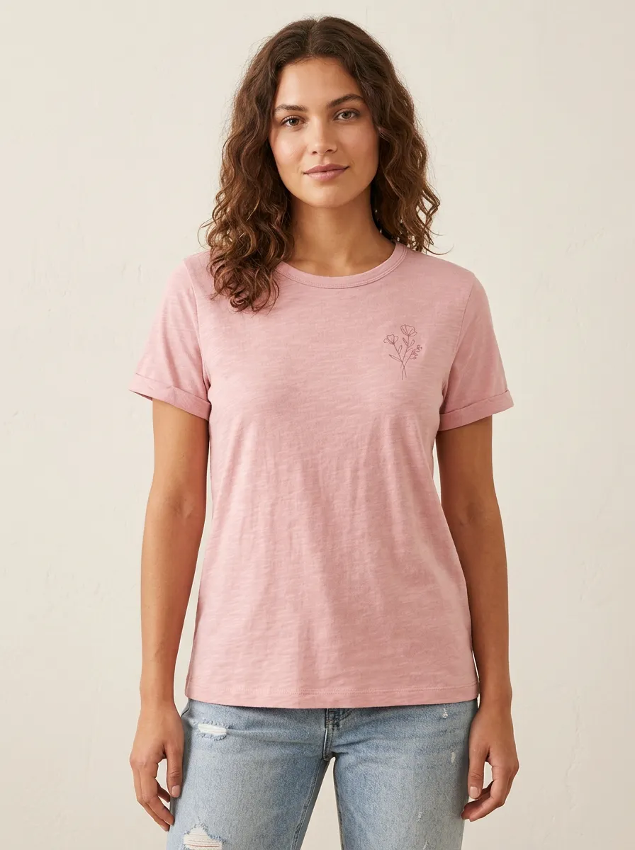Women's Minimalist Floral Pink Line Art Printed T-shirt