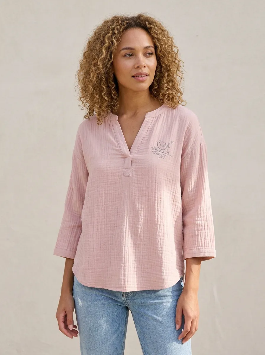 Women's Nature Lover Bird Branch Printed Pink Cotton And Linen Top