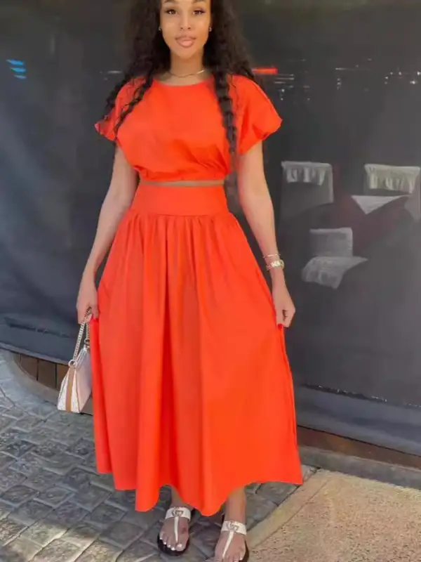 Polished Short Sleeve Crop Top And Skirt Set