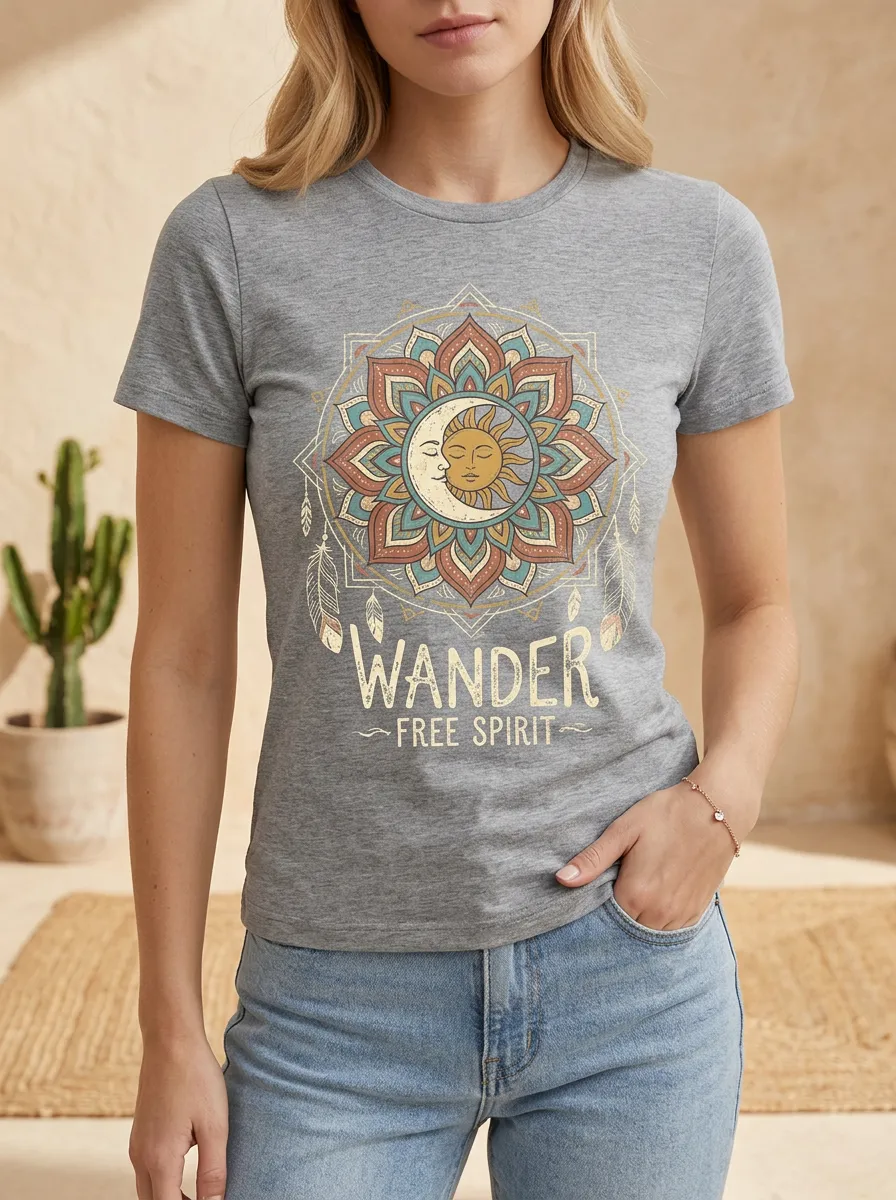 Women's Boho Wander Free Spirit Sun Moon Mandala Printed T-shirt