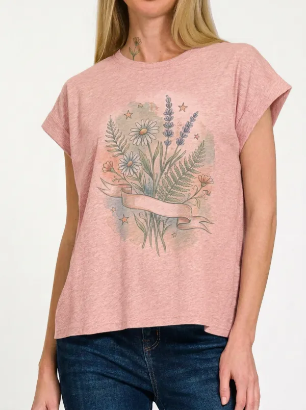 Women's Botanical Nature Lover Daisy Lavender Printed T-shirt