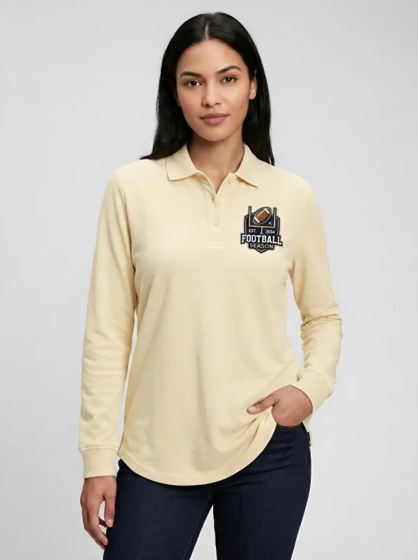 Women's Football Season Goalpost Graphic Printed Long Sleeve Polo Shirt