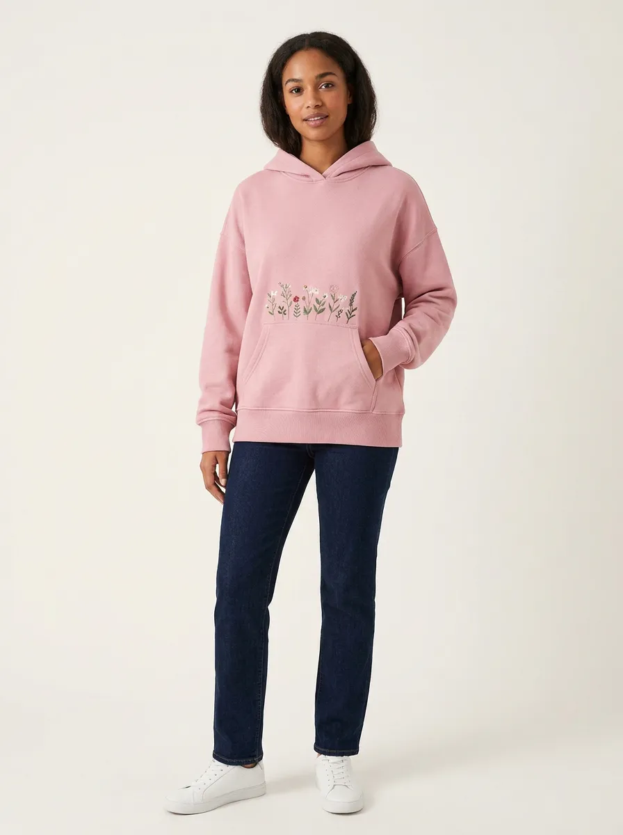 Women's Nature Lover Wildflower Embroidered Pink Printed Hoodie