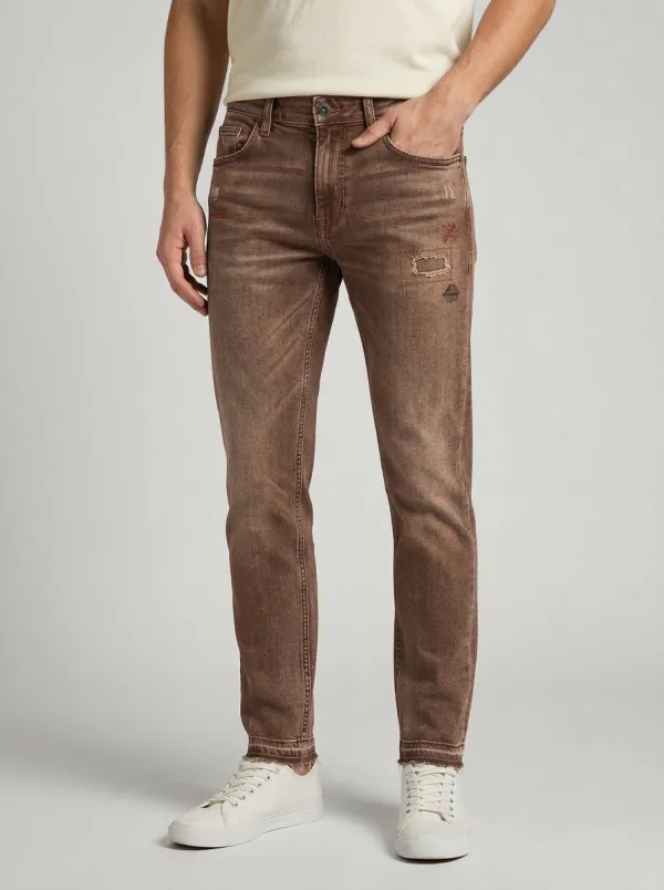 Men's Distressed Patchwork Embroidered Slim-Fit Jeans