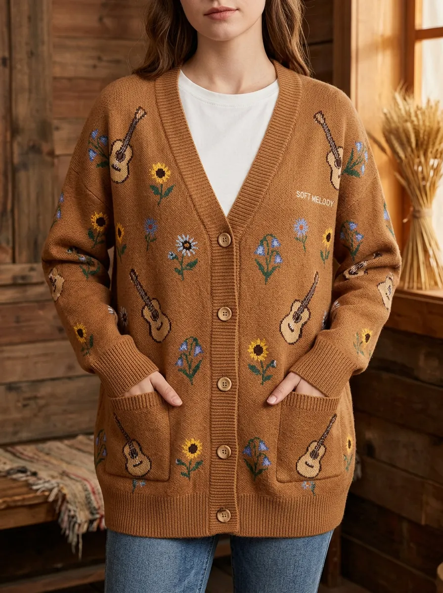 Honky-Tonk-Inspired Guitar Floral Country Music Cardigan