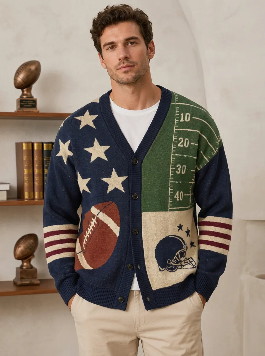 Men's Football Stars Helmet Field Knit Knit Cardigan