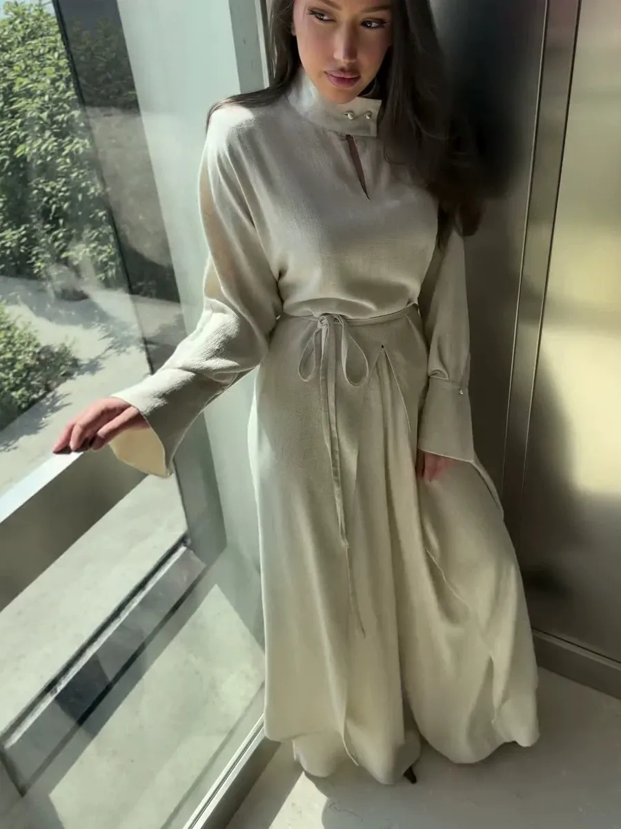 Helena Long-Sleeve Top and High-Waisted Wide-Leg Pants Set