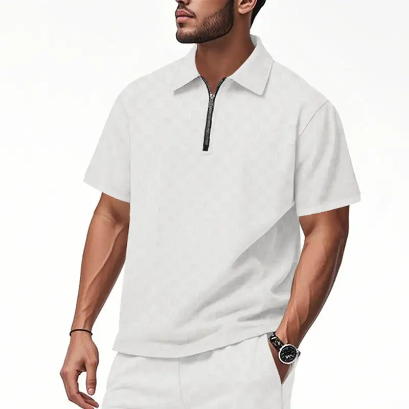 Men's Short Half-Zip Polo Shirt Structured Waffle Piqué With Shirt Collar And Fitted Silhouette