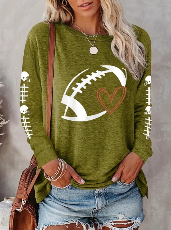 Women's Stadium Inspired Gridiron Heart Ball Crewneck Long Sleeve T-Shirt