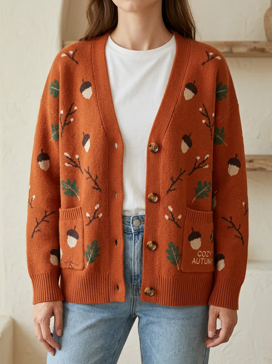 Rustic Acorn Leaf Pattern Patterned Women's Knit Cardigan