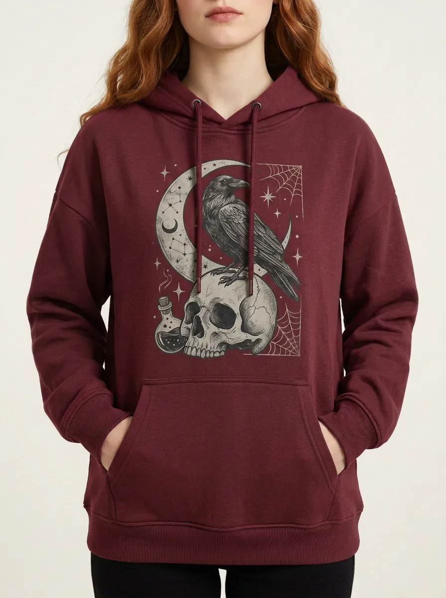 Women's Halloween Gothic Raven Skull Moon Printed Hoodie