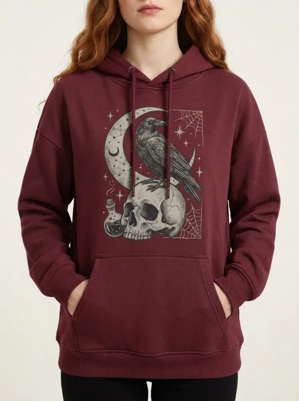 Women's Halloween Gothic Raven Skull Moon Printed Hoodie