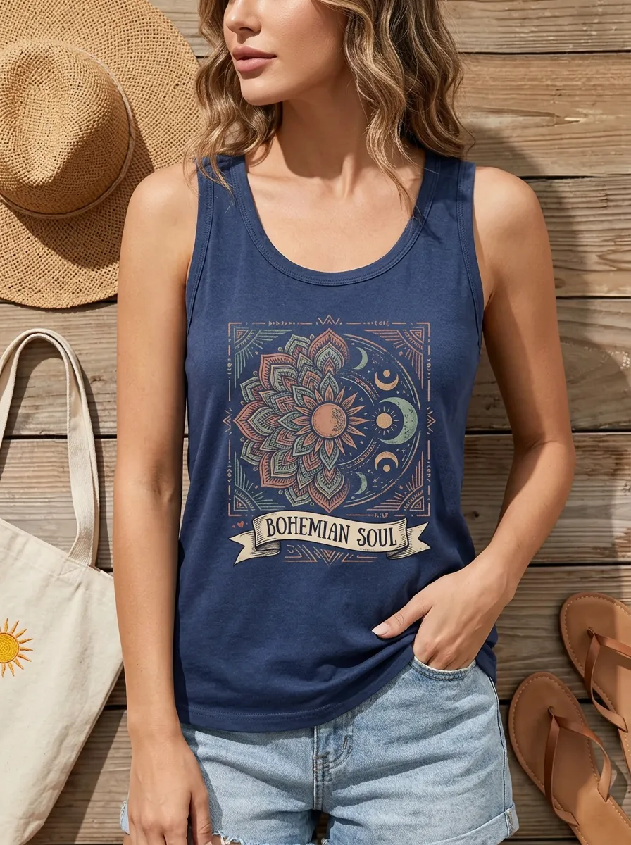 Bohemian Soul Mandala Moon Sun Ribbed Tank Top