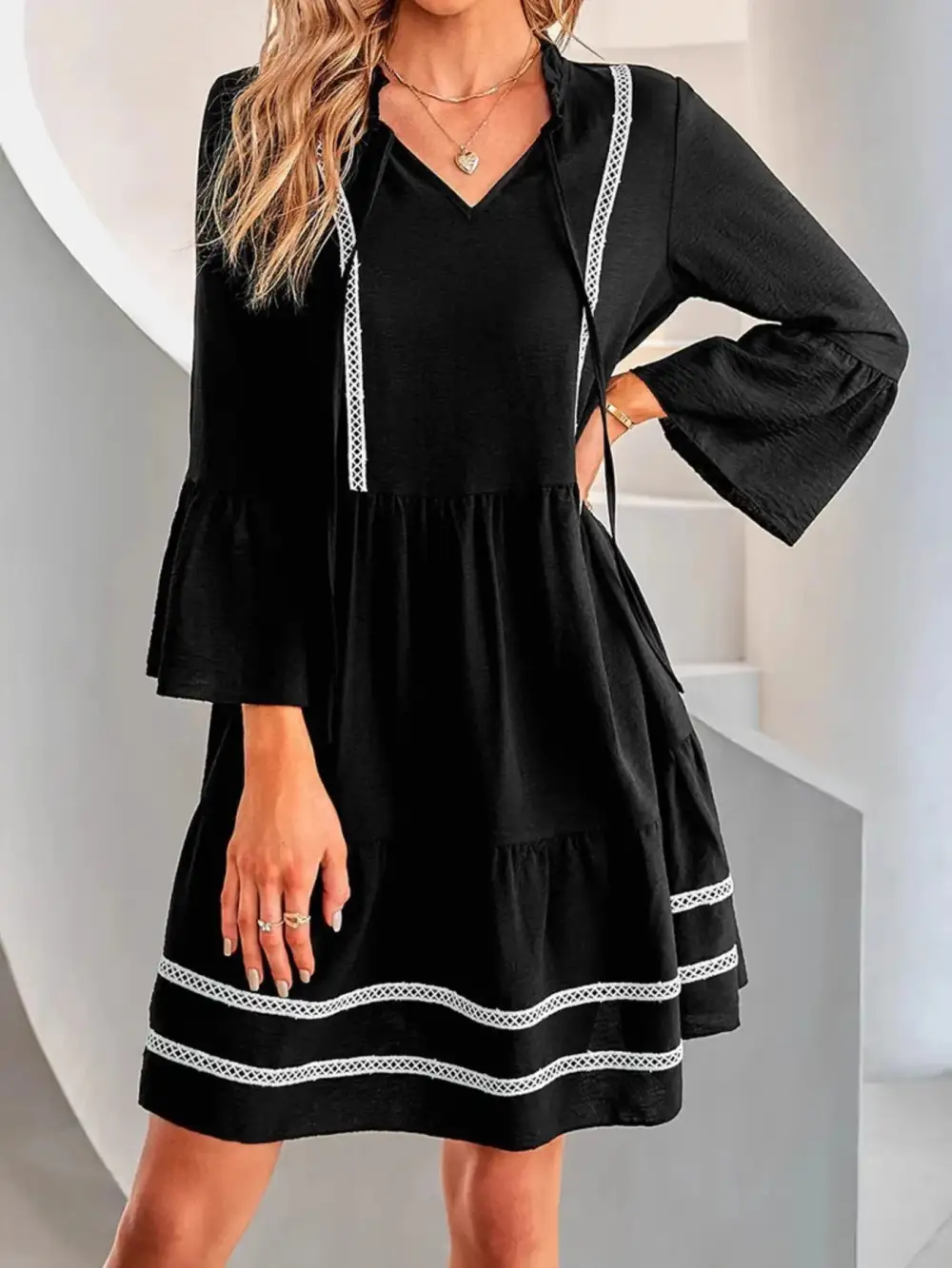 Textured Detail Long Sleeve Mini Dress
