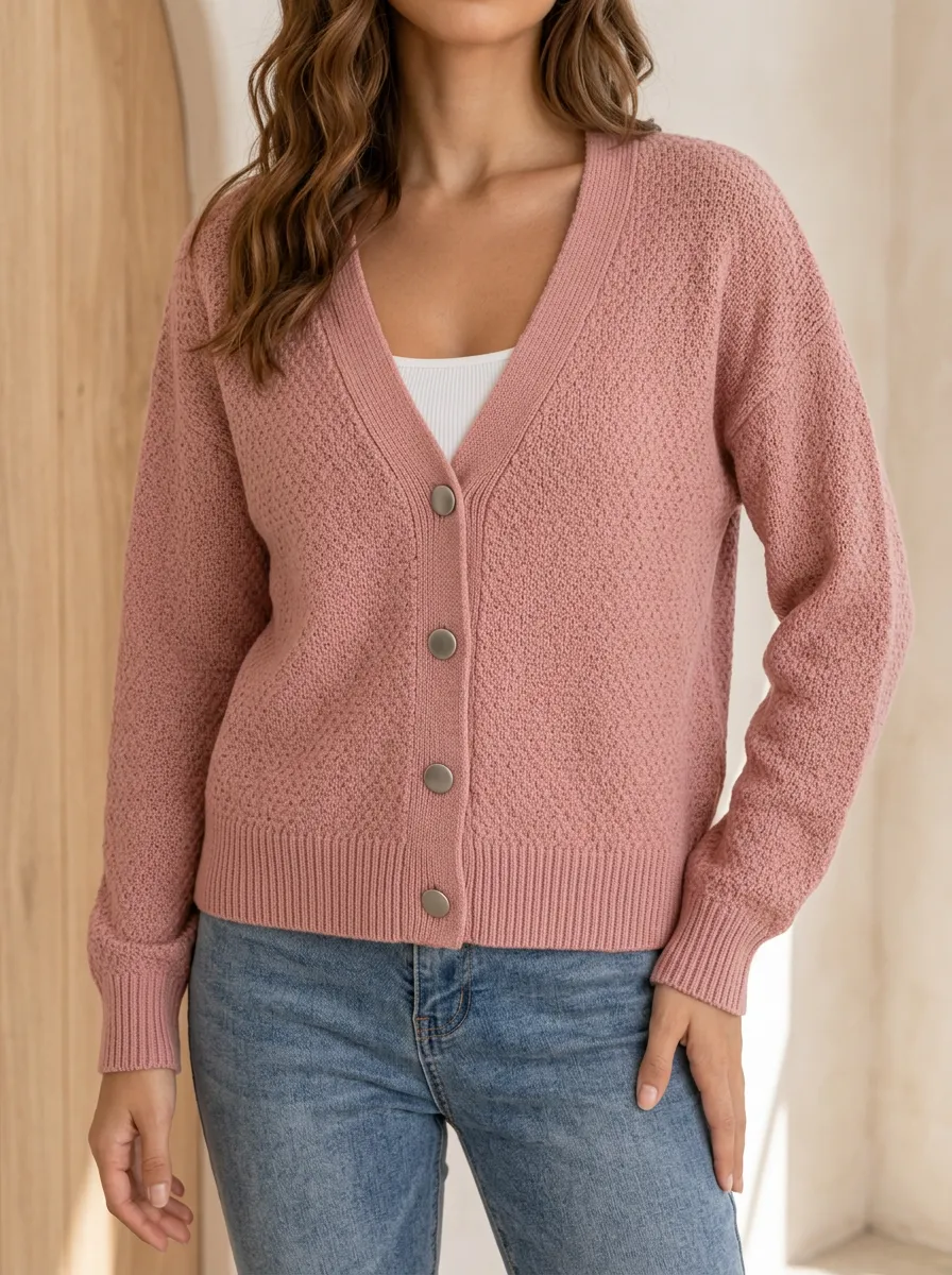 Women's Everyday Layered Ribbed Knit Button Front V Neck Cardigan