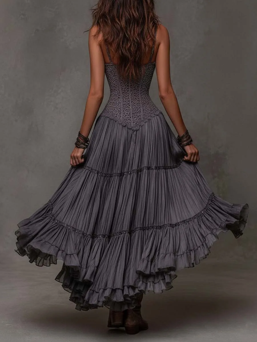 Dark Gray Lace Bodice Tiered Crinkle Maxi Dress