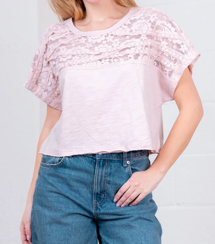 Laced Yoke W Lace Trim Round Neck Top