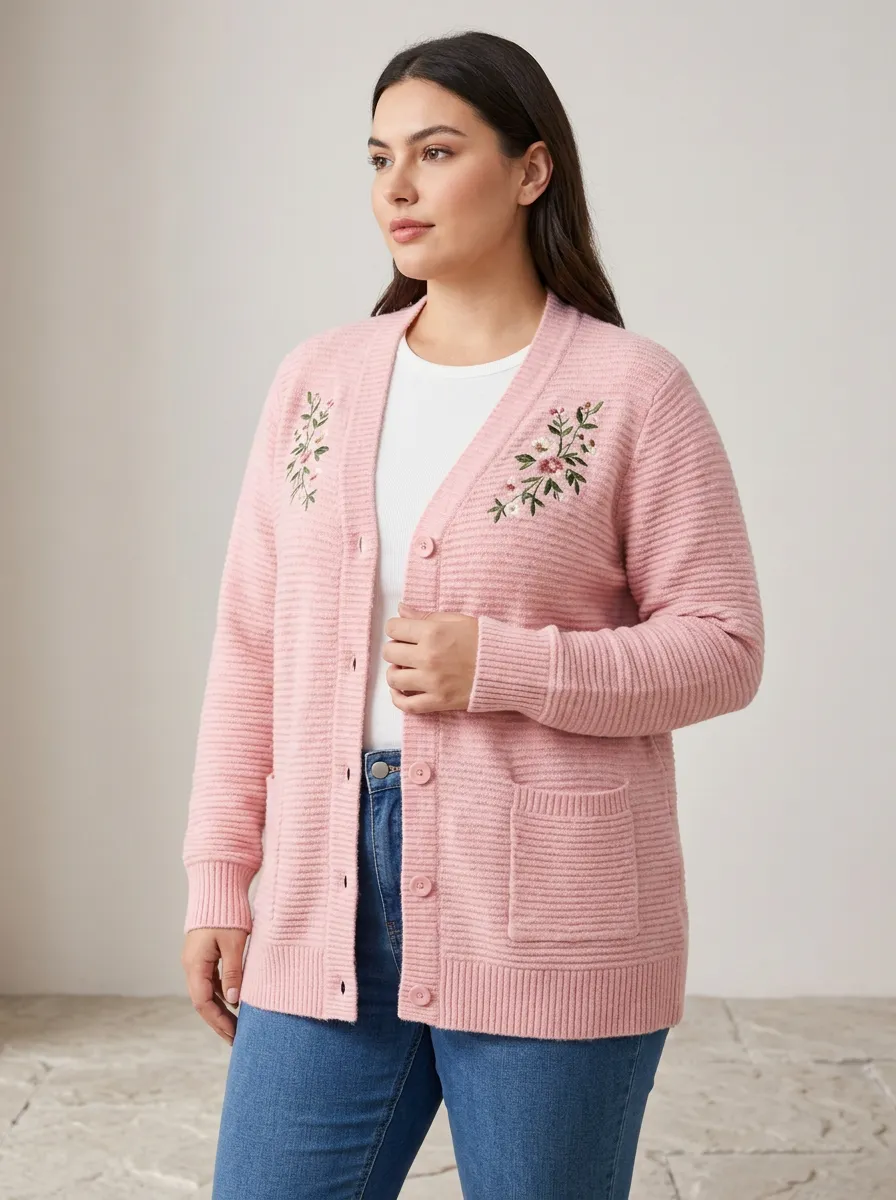 Women's Floral Aesthetic Pink Embroidered Button-Up Cardigan