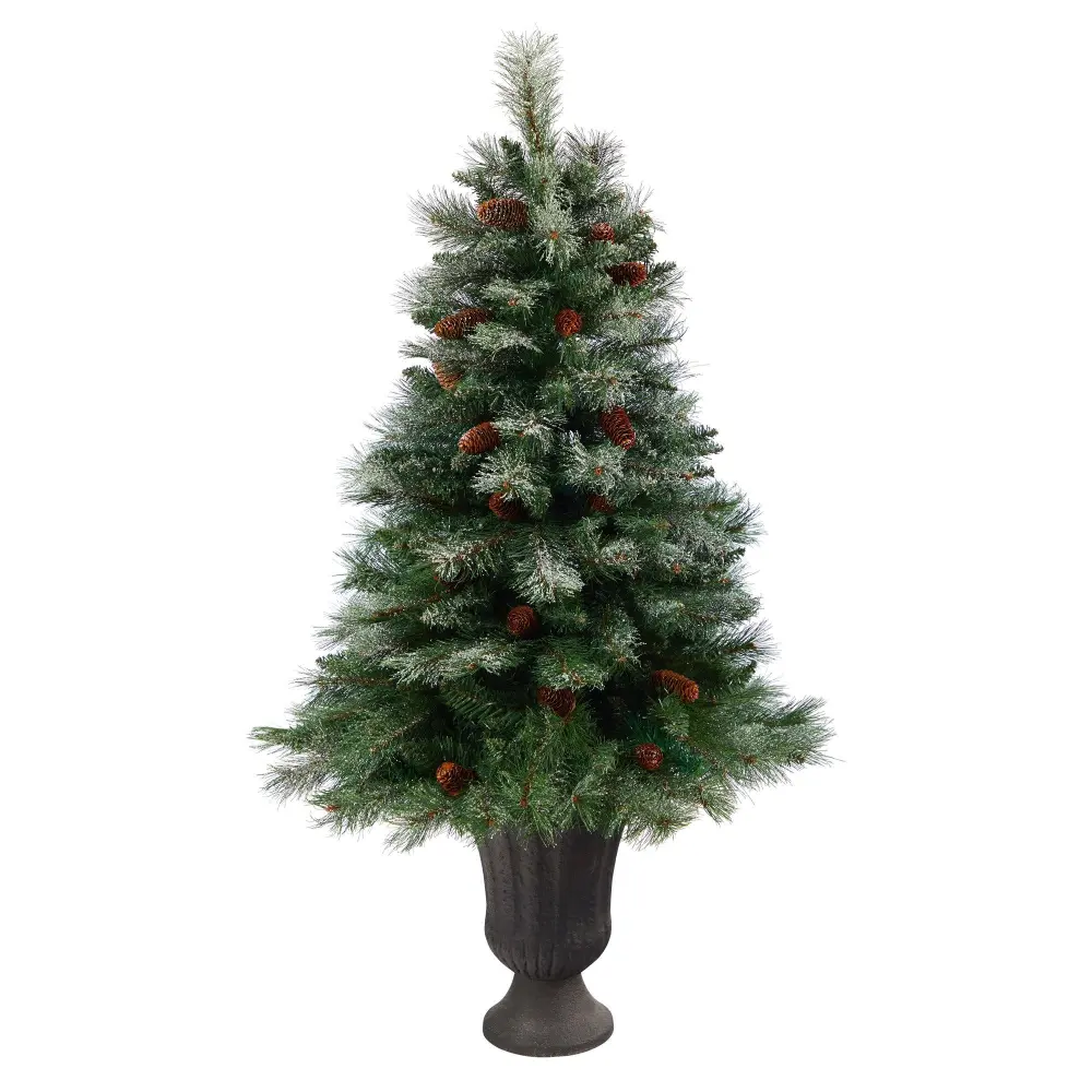 Snowed French Alps Mountain Pine Artificial Christmas Tree with Bendable Branches and Pine Cones in Planter Botanical Accent
