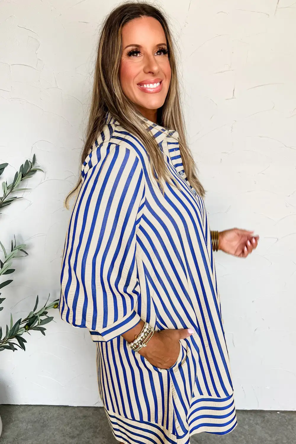 Striped Half Button Pocketed Mini Dress