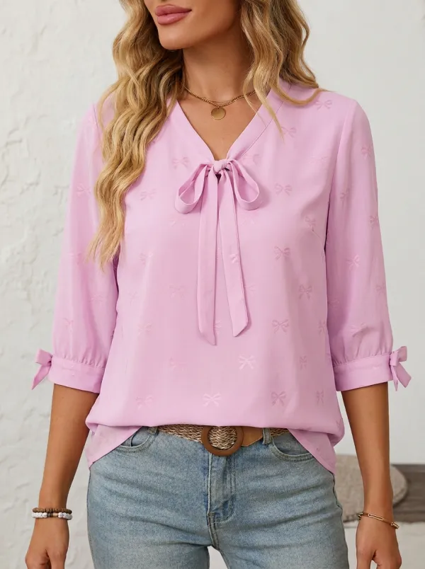Women's V-neck Tie-neck Jacquard Blouse