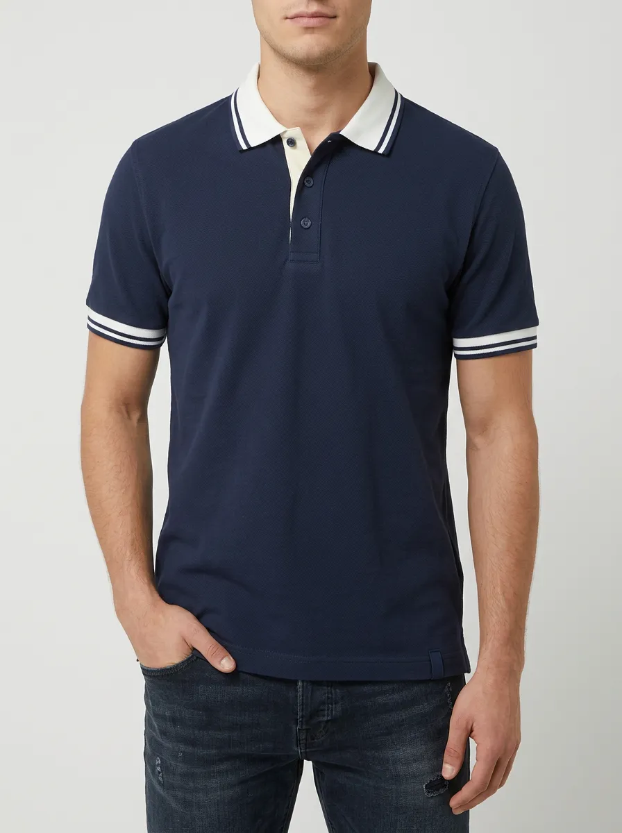 Men's Knit Ribbed Textured Striped Contrast-Collar Tipped-Sleeve Polo Shirt
