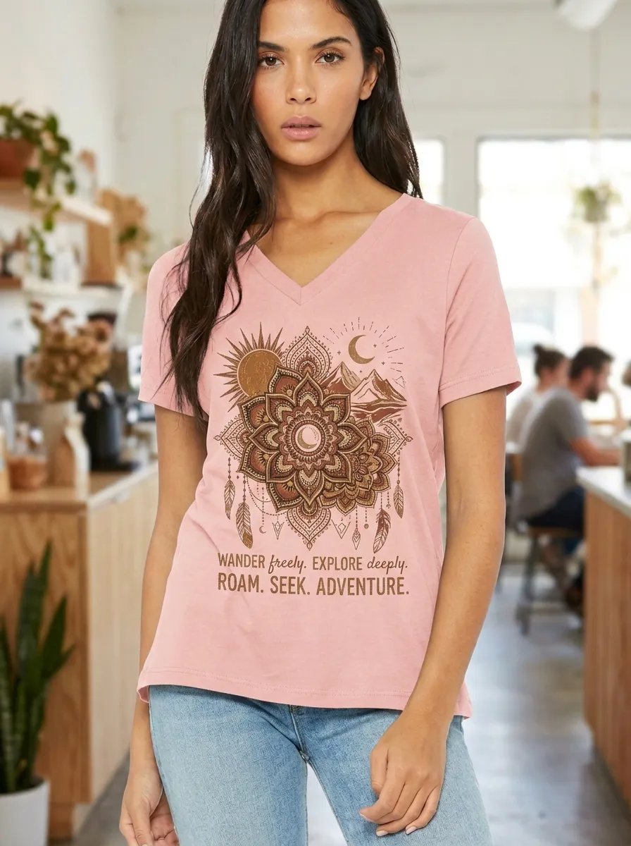 Women's Adventure Lover Mandala Mountain Printed V-Neck T-Shirt