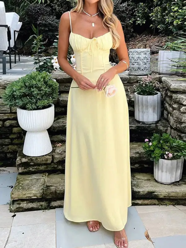 Drawstring Pleated Neck Maxi Dress