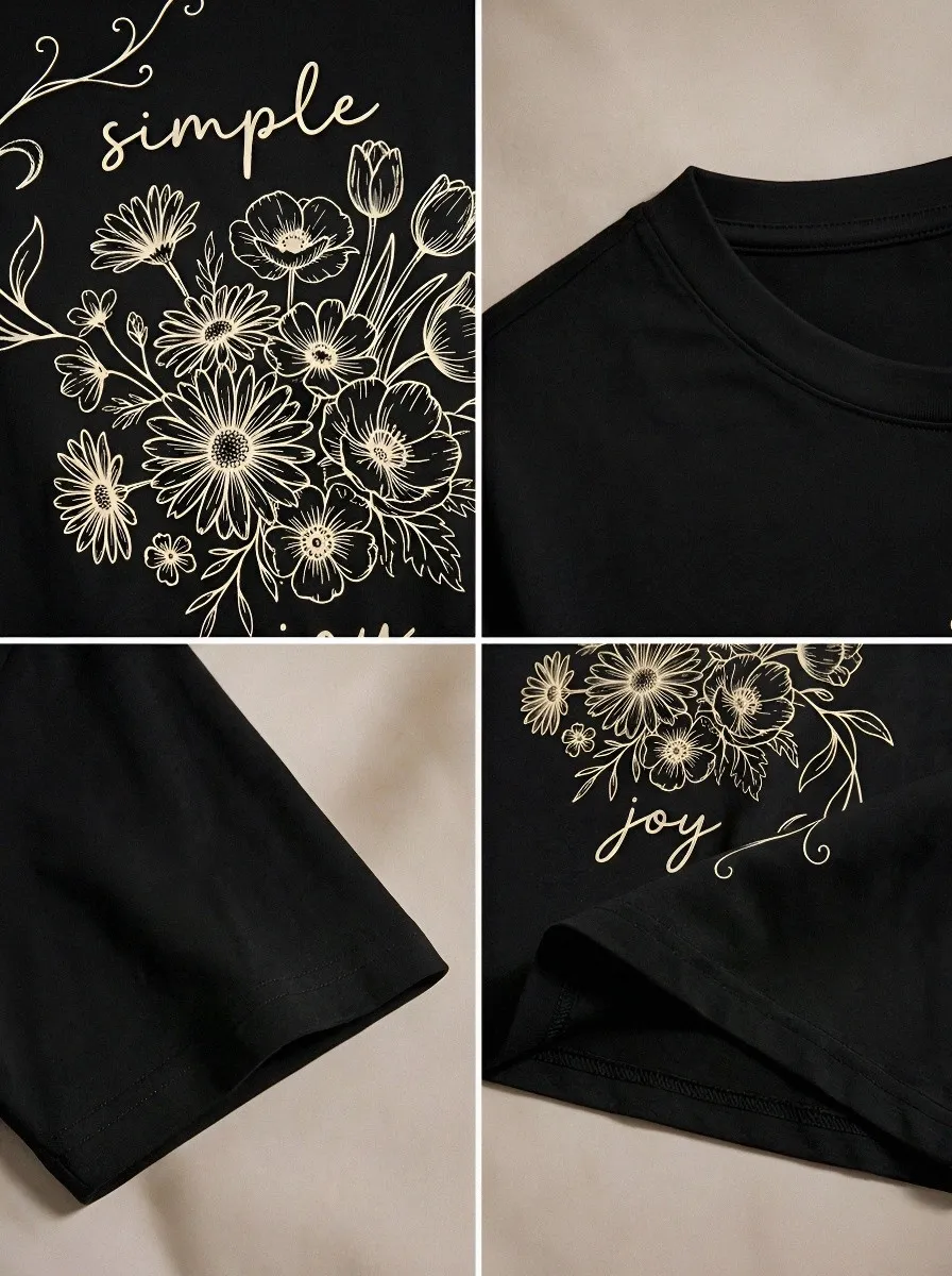 Women's Simple Joy Floral Bouquet Line Art Printed T-shirt