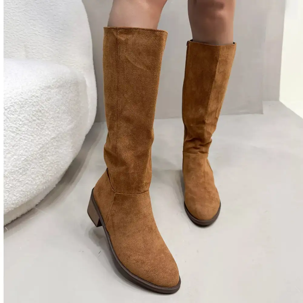 Pleated Round Toe Block Heels Boots