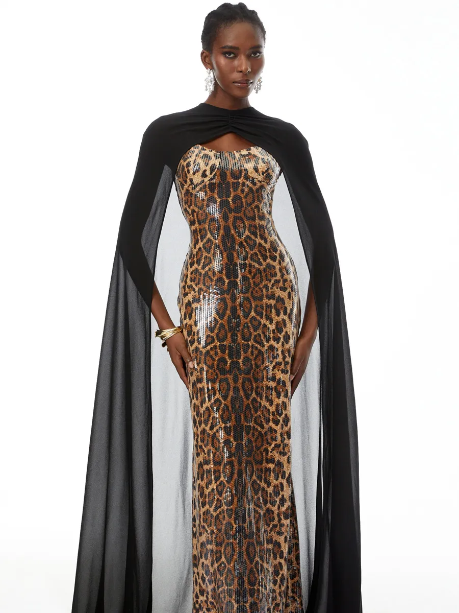 Harper Black Cape & Leopard Print Maxi Dress Set