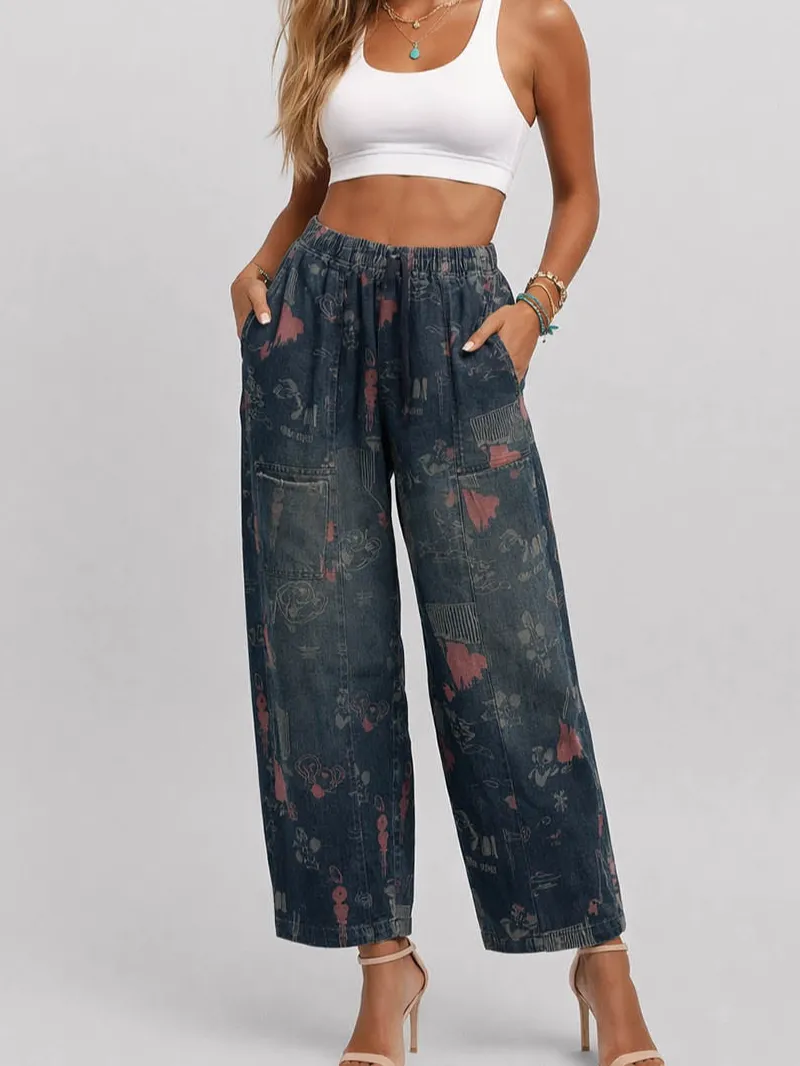 Graphic Elastic Waist Barrel Leg Denim Pants