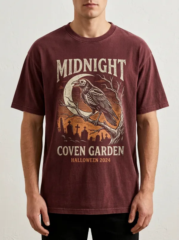 Men's Halloween Gothic Raven Skeleton Moon Printed T-shirt