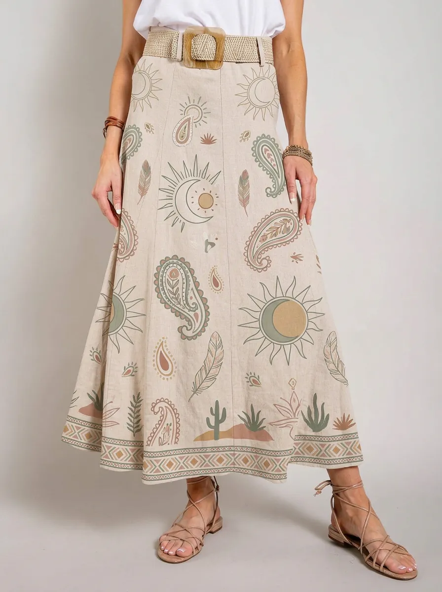 Women's Boho Celestial Paisley Printed Maxi Skirt