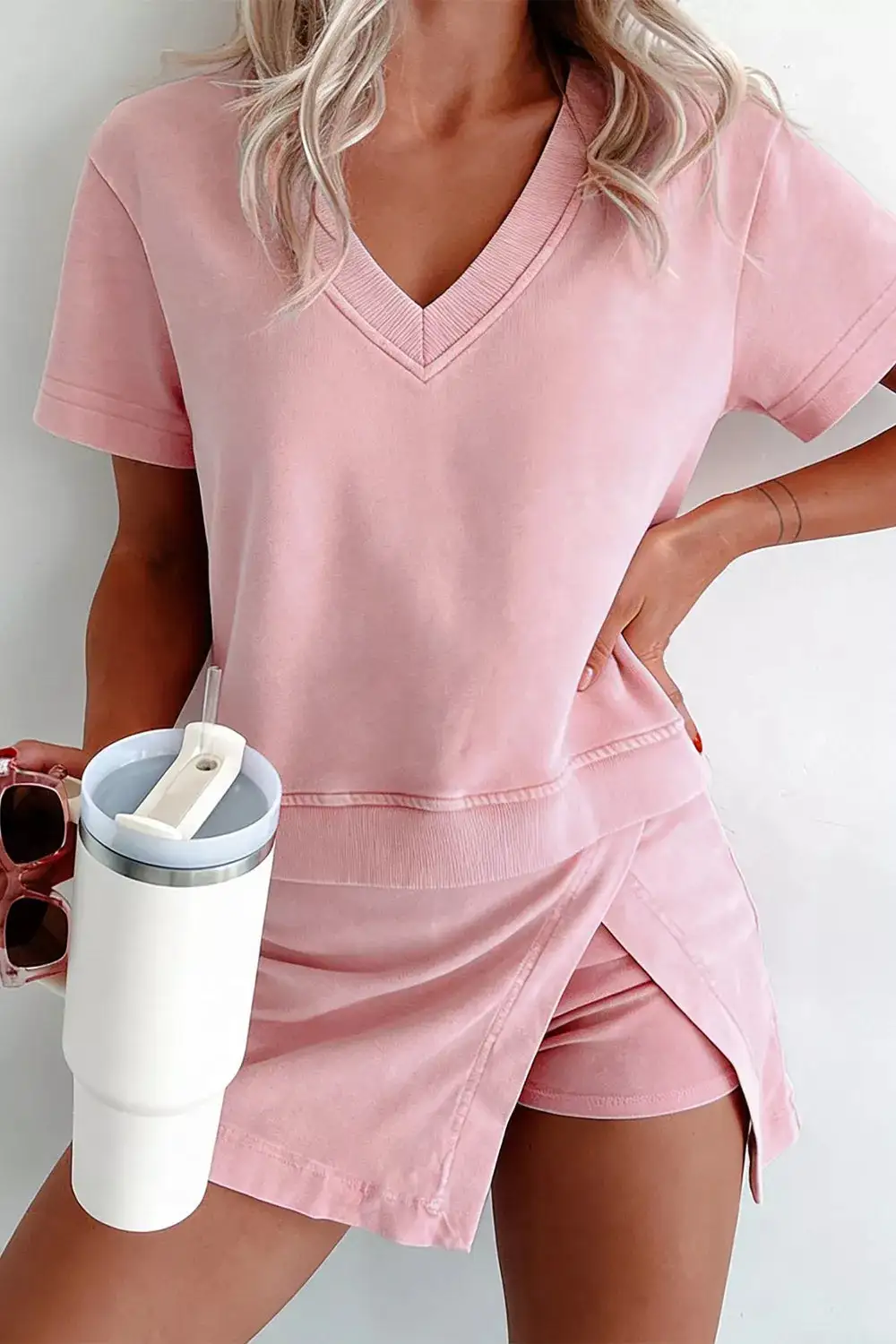 Casual V Neck Top Wrap Skort Set