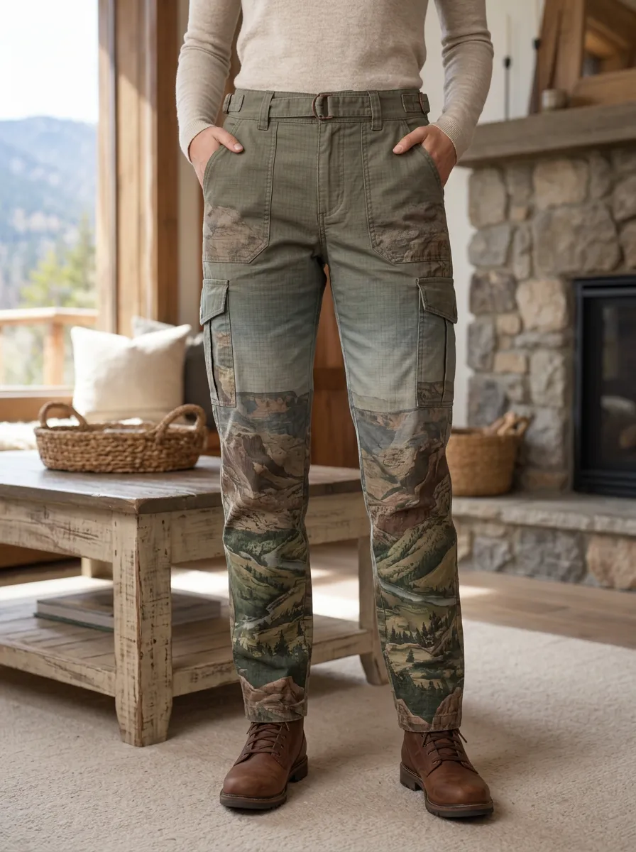 Women's Nature Lover Mountain Landscape Printed Cargo Pants