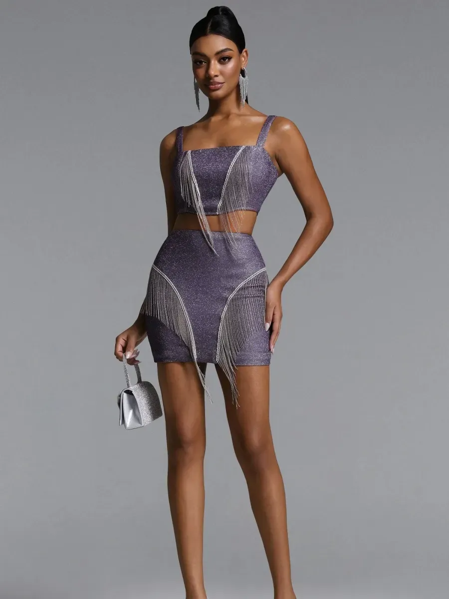 Gia  Glitter Fringe Crop Top & Mini Skirt Set