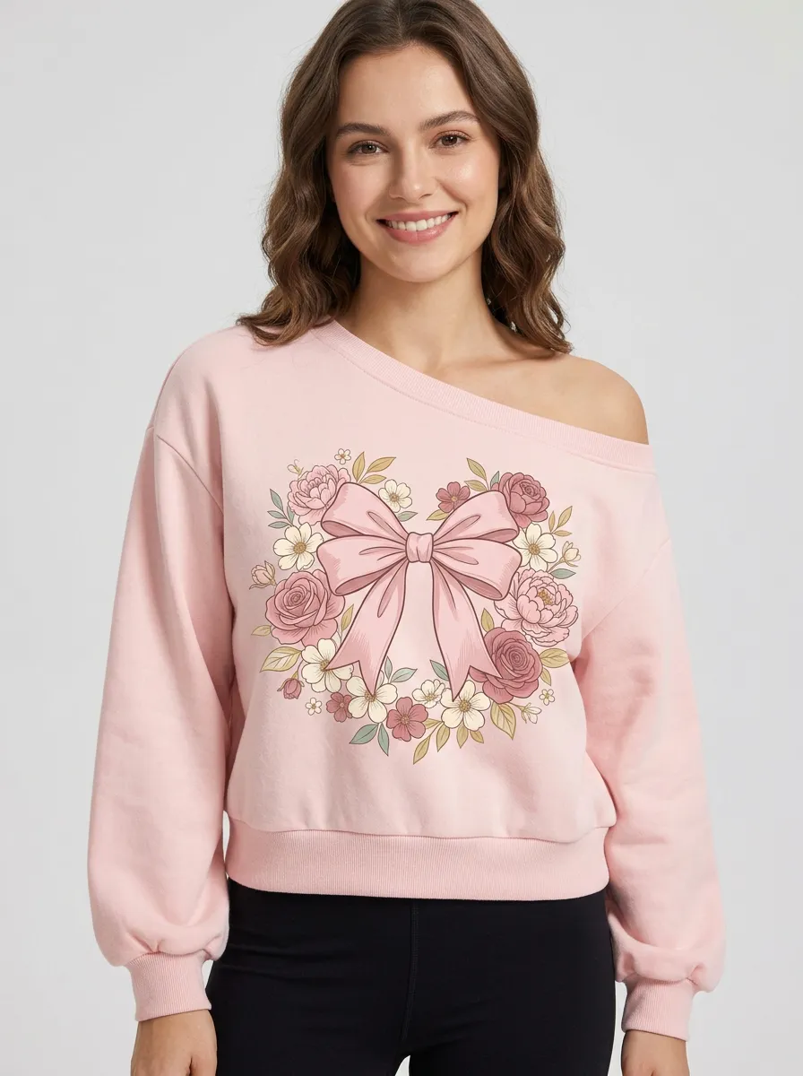 Women's Breast Cancer Awareness Pink Bow Floral Wreath Printed Sweatshirt