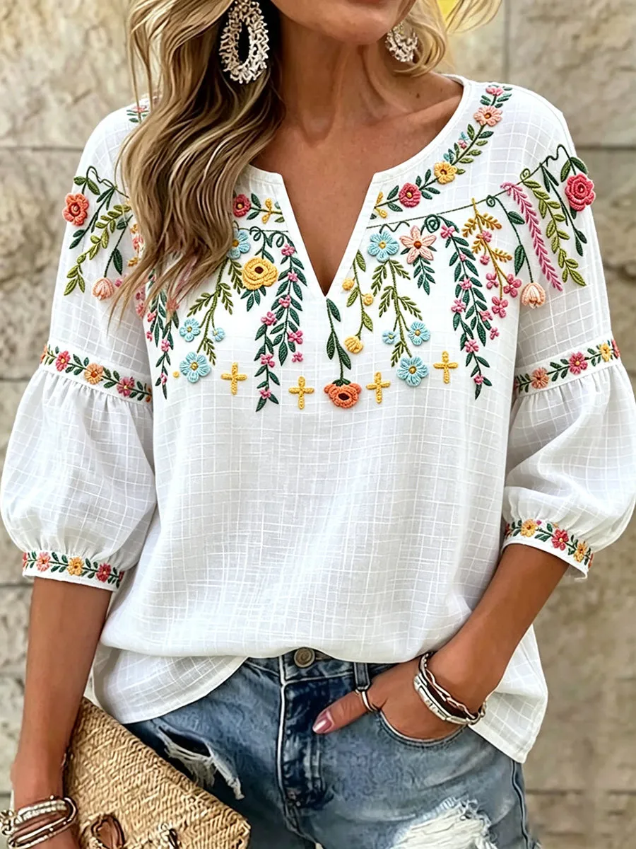 Women's V-neck Mid-Sleeve Printed Casual T-shirt
