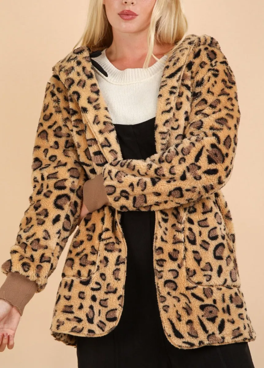 Hooded Cotton Leopard-Print Pocketed Cardigan