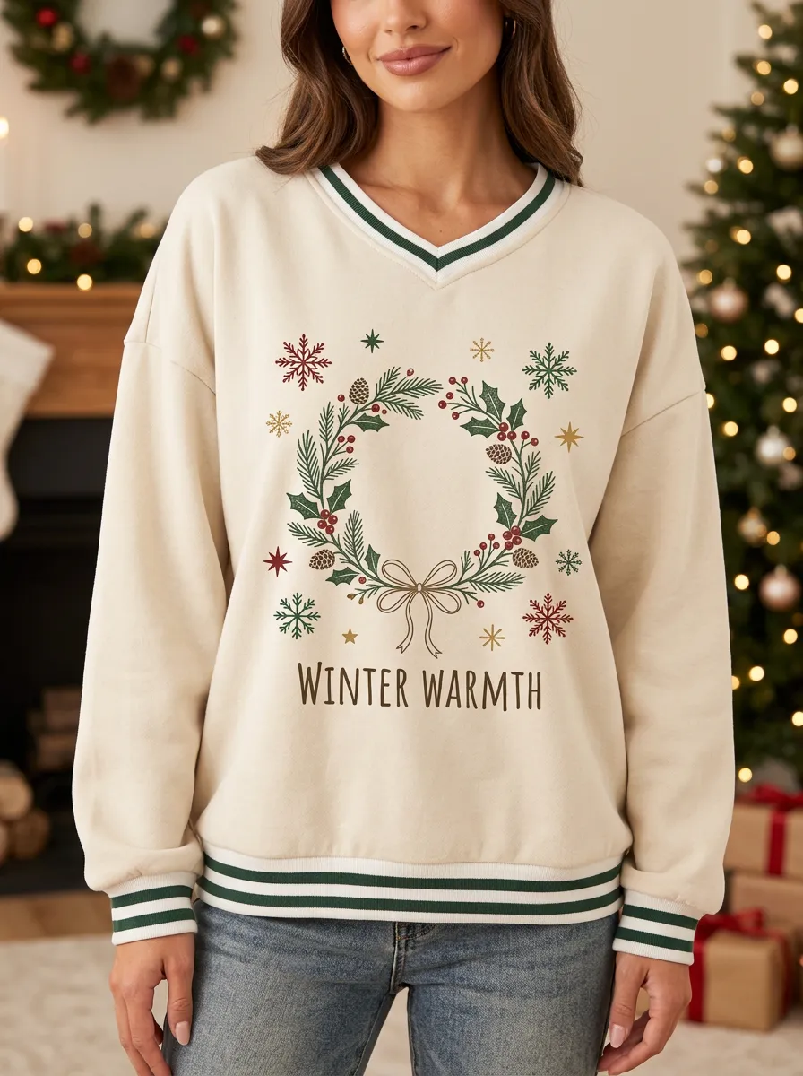 Christmas Holiday Wreath Winter Warmth Print Sweatshirt