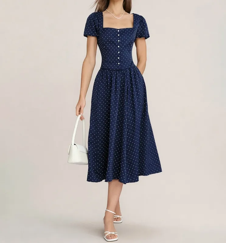 Blue Polka Dot Pockets Midi Skirt