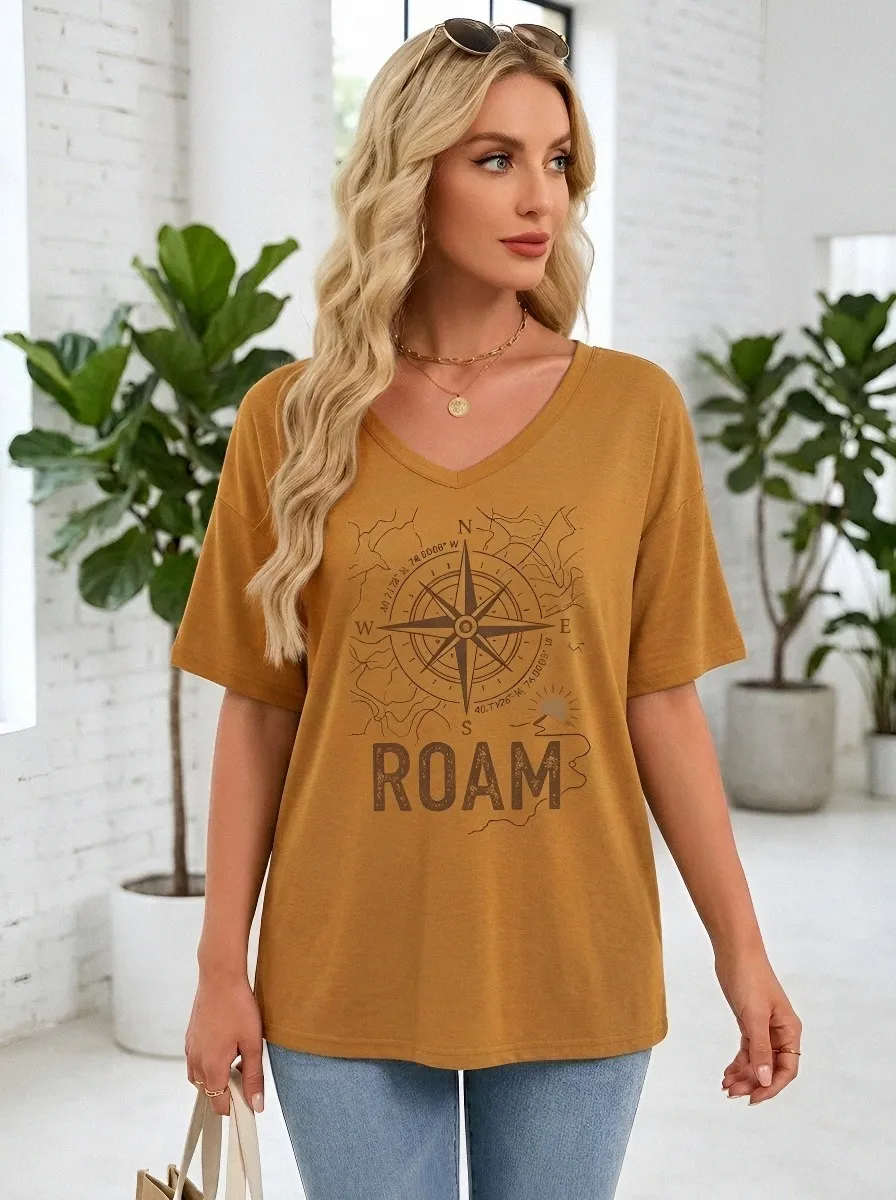 Women's Travel Lover Compass Roam Printed V-neck T-shirt