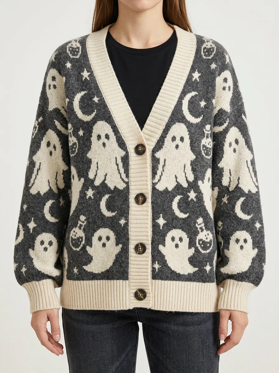 Women's Halloween Ghost Moon Potion Pattern Knitted Cardigan