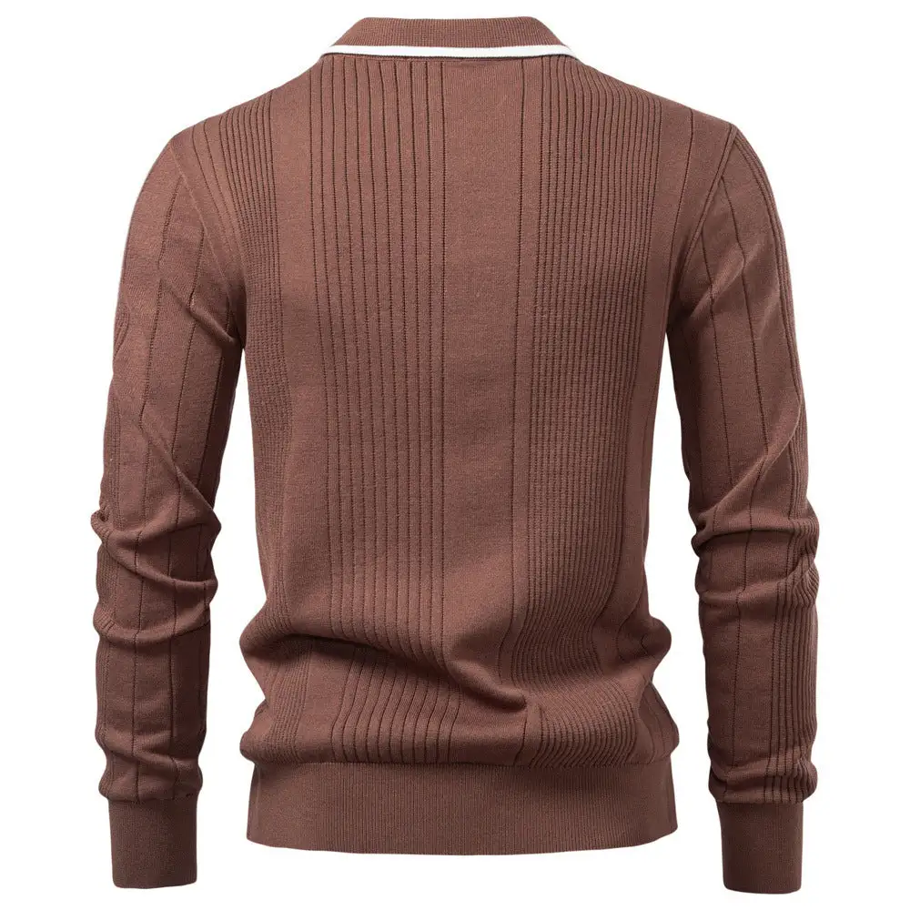 Men's Long-sleeved Polo Sweater Fine Knit With Vertical Ribbed Intarsias And Contrast Edges