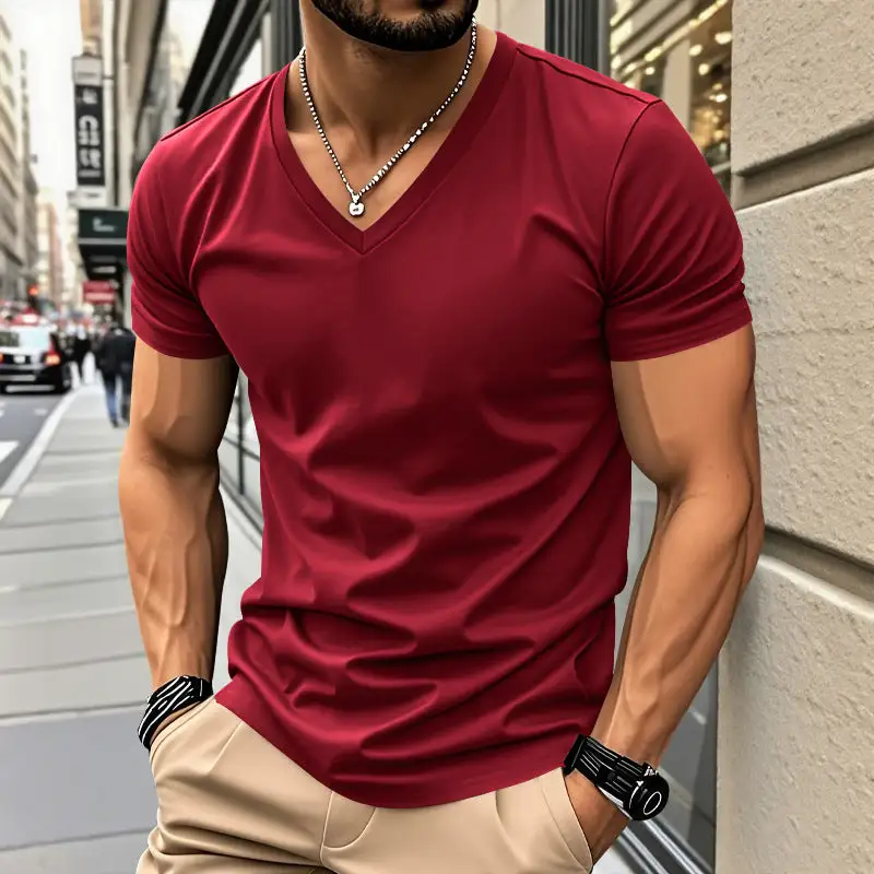 Men's Classic V-Neck T-Shirt Fine Cotton Jersey With Reinforced Neckband And Double Stitching