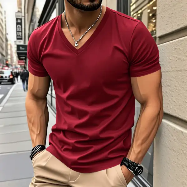 Men's Classic V-Neck T-Shirt Fine Cotton Jersey With Reinforced Neckband And Double Stitching