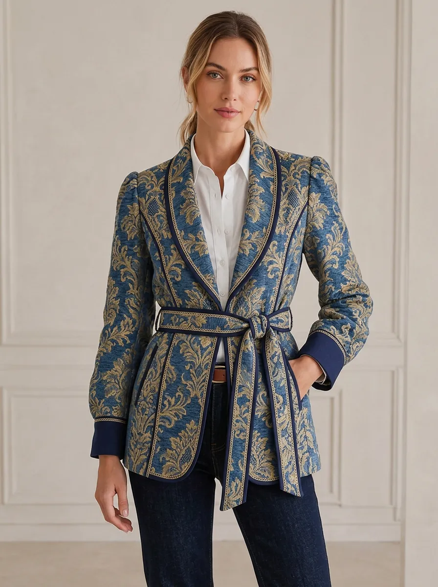 Women's Vintage Baroque Floral Printed Belted Blazer Jacket